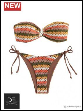 Crochet Strapless Bandeau Bikini Set Cheeky High Waisted Thong Swimsuit Two